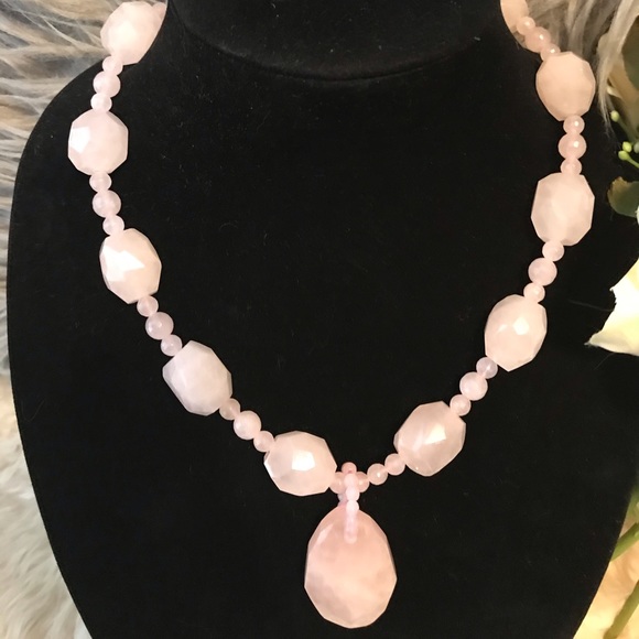 Vintage Faceted Rose Quartz Gemstone 14K Gold Clasp Beaded Pendant Necklace 18”L - Picture 5 of 16